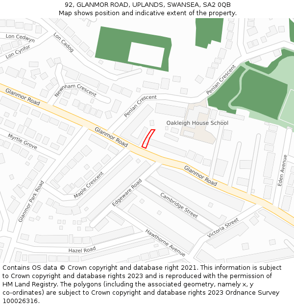 92, GLANMOR ROAD, UPLANDS, SWANSEA, SA2 0QB: Location map and indicative extent of plot