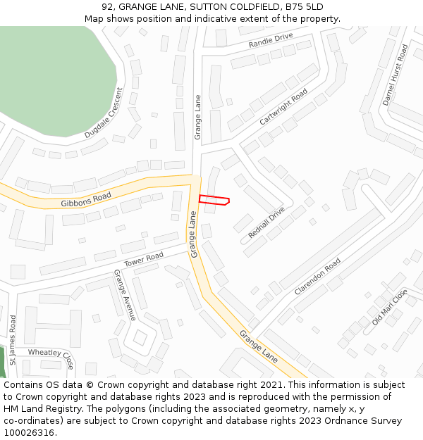 92, GRANGE LANE, SUTTON COLDFIELD, B75 5LD: Location map and indicative extent of plot