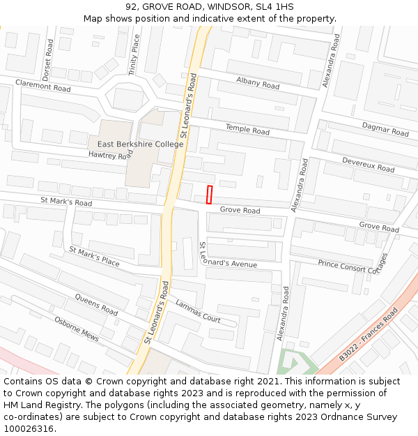 92, GROVE ROAD, WINDSOR, SL4 1HS: Location map and indicative extent of plot