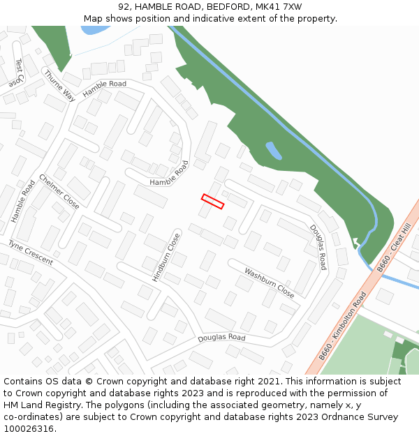 92, HAMBLE ROAD, BEDFORD, MK41 7XW: Location map and indicative extent of plot