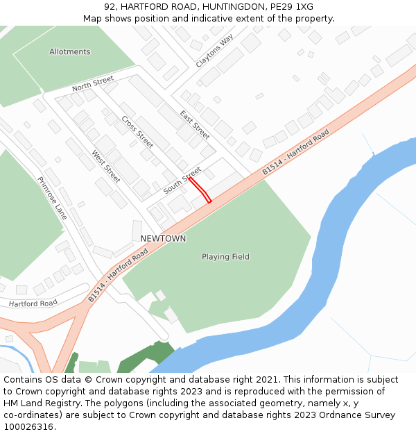 92, HARTFORD ROAD, HUNTINGDON, PE29 1XG: Location map and indicative extent of plot