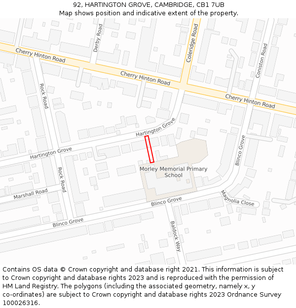92, HARTINGTON GROVE, CAMBRIDGE, CB1 7UB: Location map and indicative extent of plot