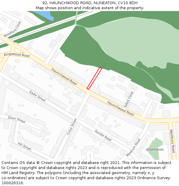 92, HAUNCHWOOD ROAD, NUNEATON, CV10 8DH: Location map and indicative extent of plot