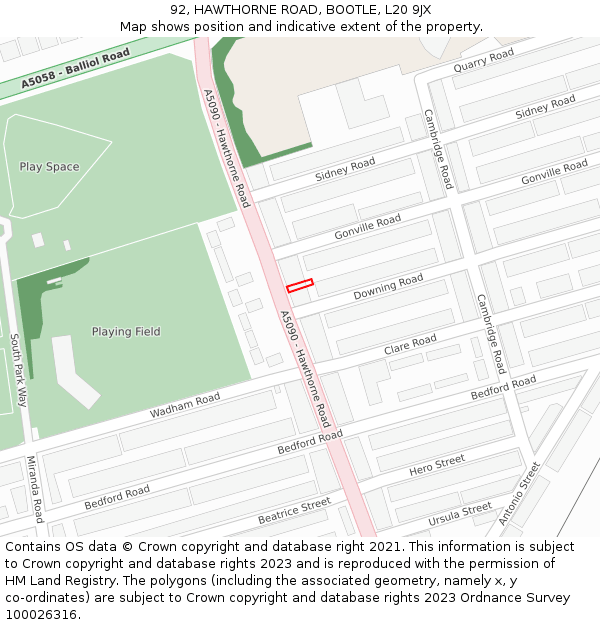 92, HAWTHORNE ROAD, BOOTLE, L20 9JX: Location map and indicative extent of plot