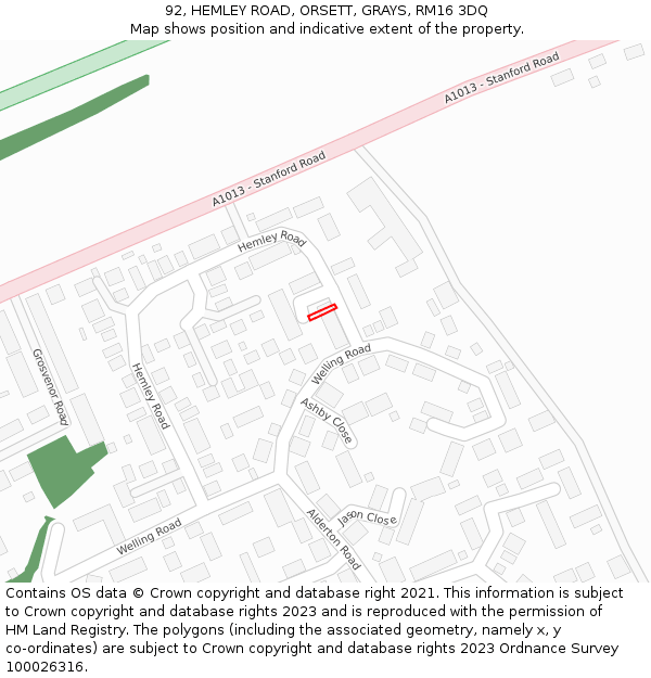 92, HEMLEY ROAD, ORSETT, GRAYS, RM16 3DQ: Location map and indicative extent of plot