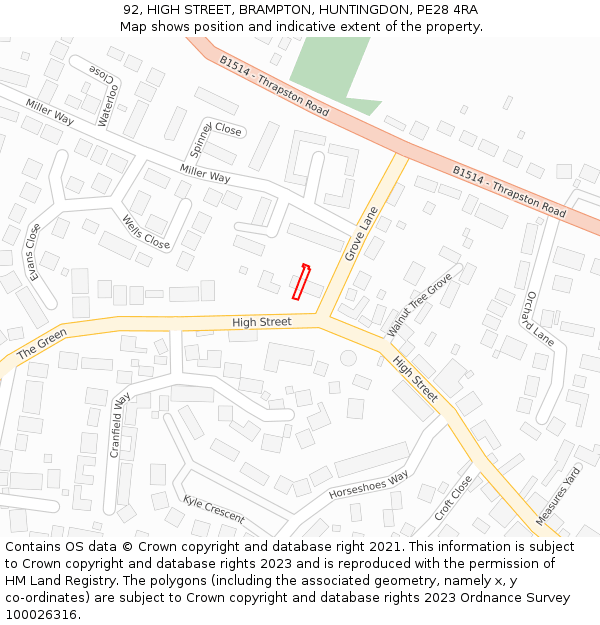 92, HIGH STREET, BRAMPTON, HUNTINGDON, PE28 4RA: Location map and indicative extent of plot