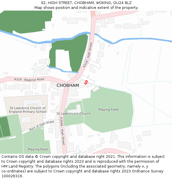 92, HIGH STREET, CHOBHAM, WOKING, GU24 8LZ: Location map and indicative extent of plot
