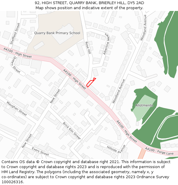92, HIGH STREET, QUARRY BANK, BRIERLEY HILL, DY5 2AD: Location map and indicative extent of plot