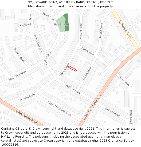 92, HOWARD ROAD, WESTBURY PARK, BRISTOL, BS6 7UY: Location map and indicative extent of plot