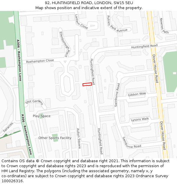 92, HUNTINGFIELD ROAD, LONDON, SW15 5EU: Location map and indicative extent of plot