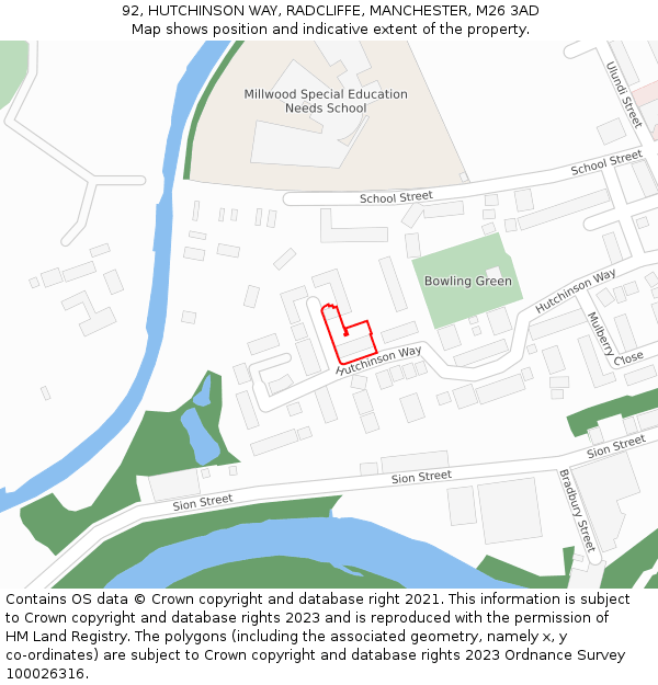 92, HUTCHINSON WAY, RADCLIFFE, MANCHESTER, M26 3AD: Location map and indicative extent of plot