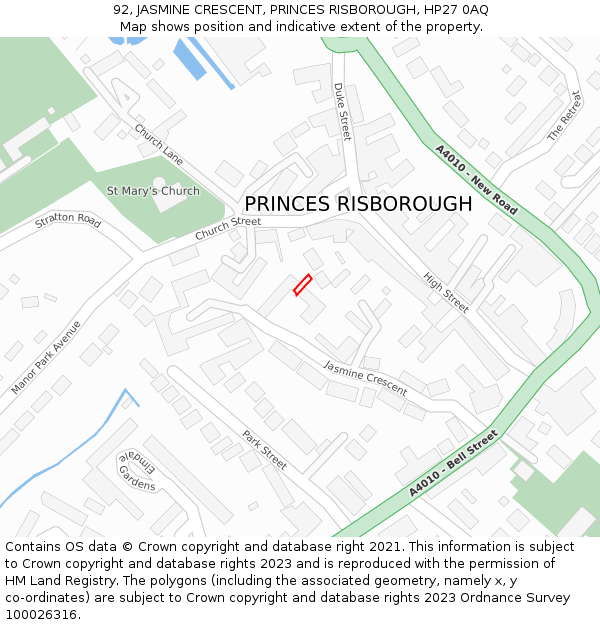 92, JASMINE CRESCENT, PRINCES RISBOROUGH, HP27 0AQ: Location map and indicative extent of plot