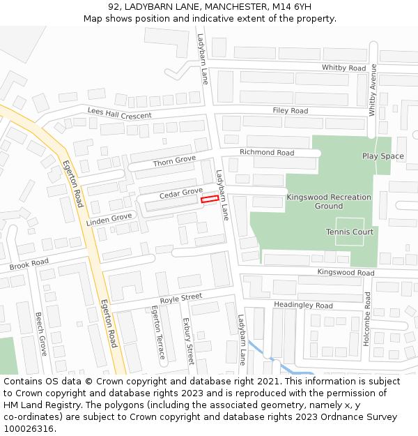 92, LADYBARN LANE, MANCHESTER, M14 6YH: Location map and indicative extent of plot