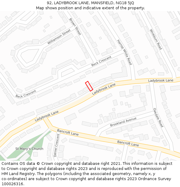 92, LADYBROOK LANE, MANSFIELD, NG18 5JQ: Location map and indicative extent of plot