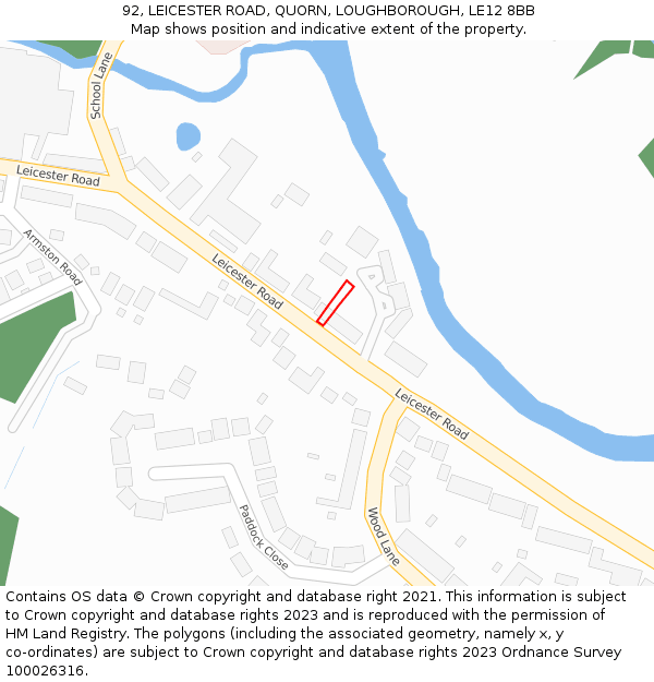 92, LEICESTER ROAD, QUORN, LOUGHBOROUGH, LE12 8BB: Location map and indicative extent of plot