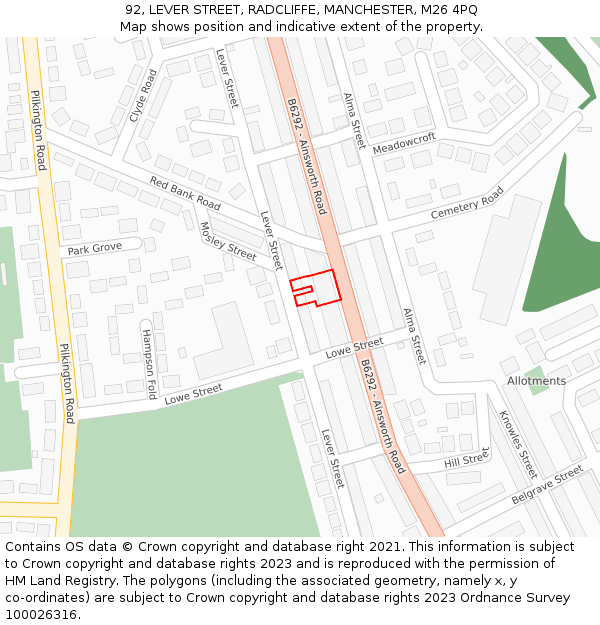 92, LEVER STREET, RADCLIFFE, MANCHESTER, M26 4PQ: Location map and indicative extent of plot