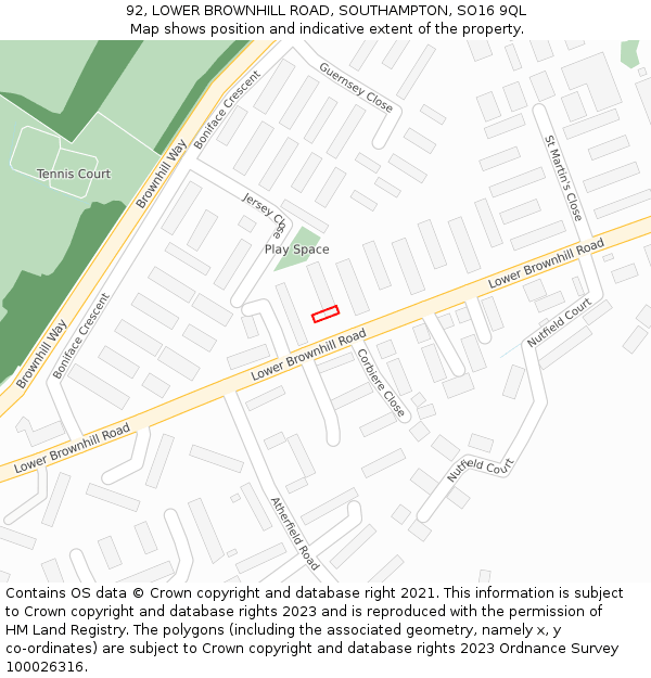 92, LOWER BROWNHILL ROAD, SOUTHAMPTON, SO16 9QL: Location map and indicative extent of plot