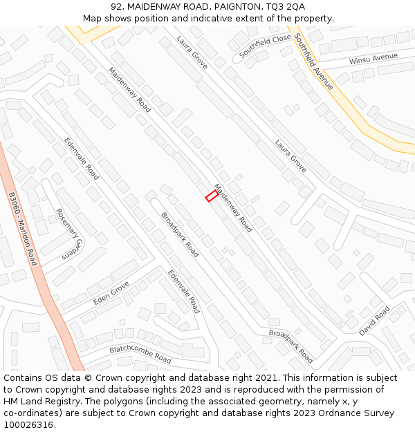 92, MAIDENWAY ROAD, PAIGNTON, TQ3 2QA: Location map and indicative extent of plot