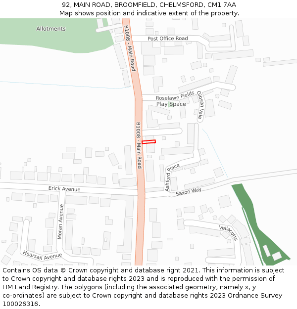 92, MAIN ROAD, BROOMFIELD, CHELMSFORD, CM1 7AA: Location map and indicative extent of plot