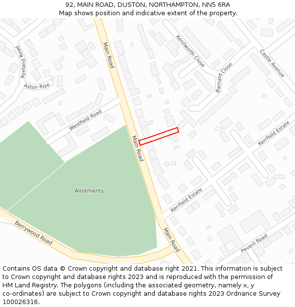 92, MAIN ROAD, DUSTON, NORTHAMPTON, NN5 6RA: Location map and indicative extent of plot