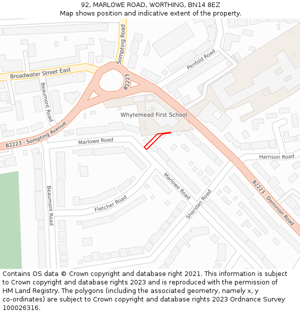 92, MARLOWE ROAD, WORTHING, BN14 8EZ: Location map and indicative extent of plot