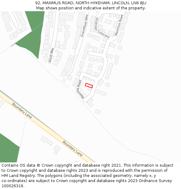 92, MAXIMUS ROAD, NORTH HYKEHAM, LINCOLN, LN6 8JU: Location map and indicative extent of plot