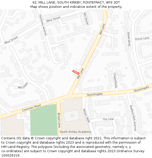 92, MILL LANE, SOUTH KIRKBY, PONTEFRACT, WF9 3DT: Location map and indicative extent of plot