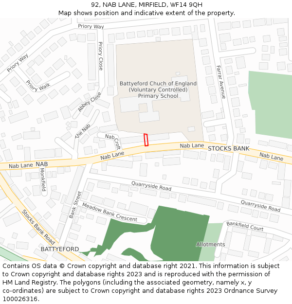 92, NAB LANE, MIRFIELD, WF14 9QH: Location map and indicative extent of plot