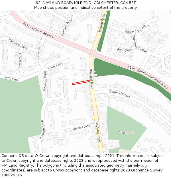 92, NAYLAND ROAD, MILE END, COLCHESTER, CO4 5ET: Location map and indicative extent of plot