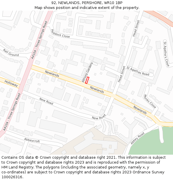 92, NEWLANDS, PERSHORE, WR10 1BP: Location map and indicative extent of plot