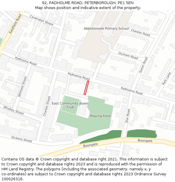 92, PADHOLME ROAD, PETERBOROUGH, PE1 5EN: Location map and indicative extent of plot
