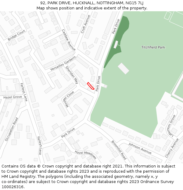 92, PARK DRIVE, HUCKNALL, NOTTINGHAM, NG15 7LJ: Location map and indicative extent of plot