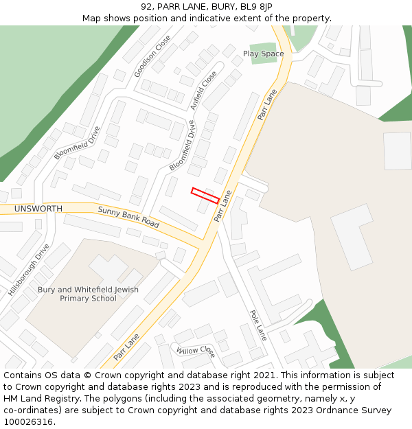 92, PARR LANE, BURY, BL9 8JP: Location map and indicative extent of plot