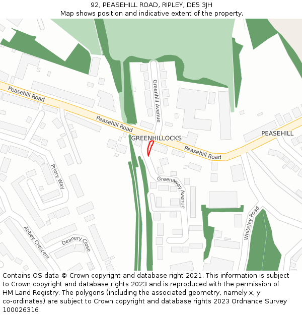 92, PEASEHILL ROAD, RIPLEY, DE5 3JH: Location map and indicative extent of plot