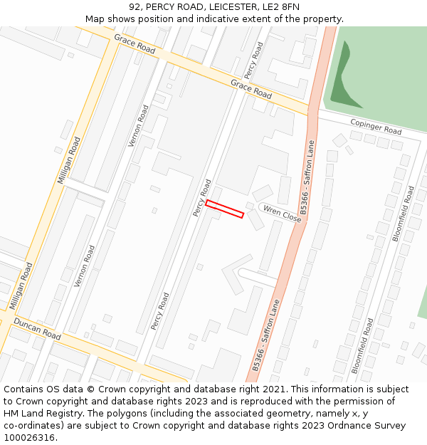 92, PERCY ROAD, LEICESTER, LE2 8FN: Location map and indicative extent of plot