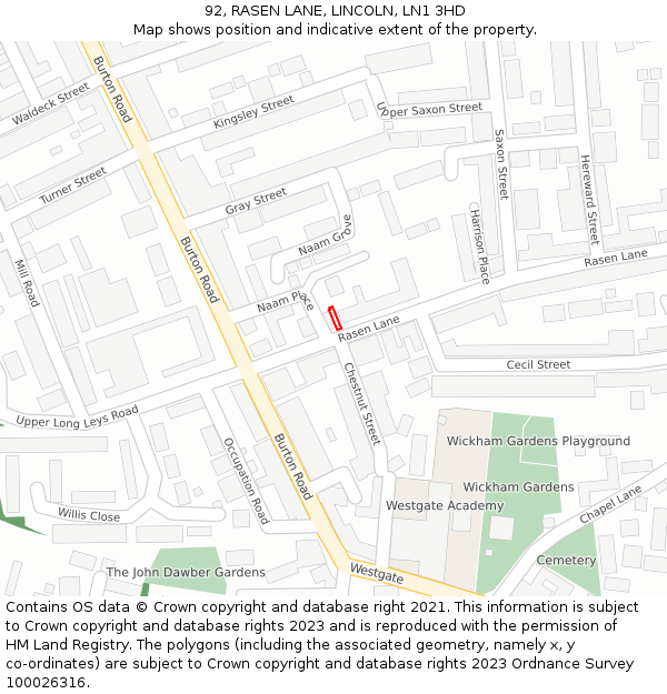 92, RASEN LANE, LINCOLN, LN1 3HD: Location map and indicative extent of plot