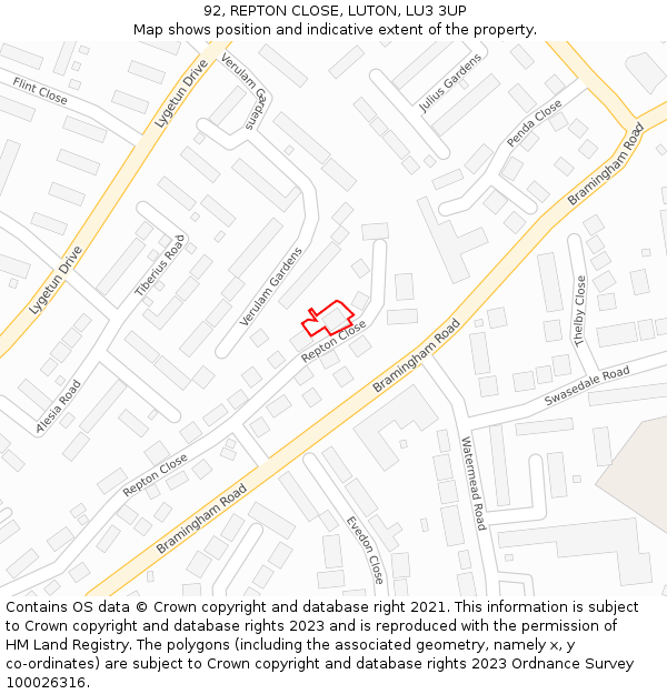 92, REPTON CLOSE, LUTON, LU3 3UP: Location map and indicative extent of plot