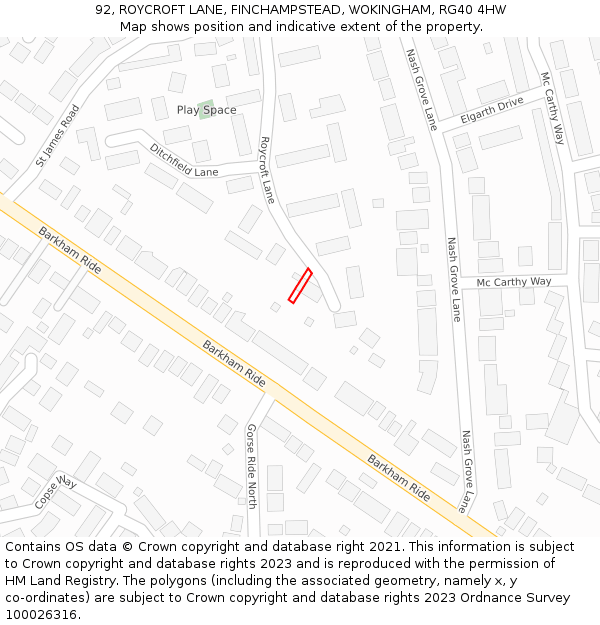 92, ROYCROFT LANE, FINCHAMPSTEAD, WOKINGHAM, RG40 4HW: Location map and indicative extent of plot