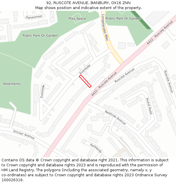 92, RUSCOTE AVENUE, BANBURY, OX16 2NN: Location map and indicative extent of plot