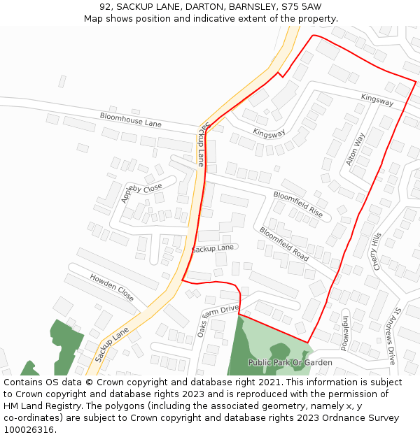 92, SACKUP LANE, DARTON, BARNSLEY, S75 5AW: Location map and indicative extent of plot