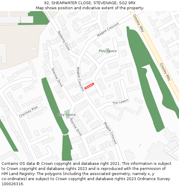 92, SHEARWATER CLOSE, STEVENAGE, SG2 9RX: Location map and indicative extent of plot