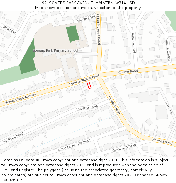 92, SOMERS PARK AVENUE, MALVERN, WR14 1SD: Location map and indicative extent of plot