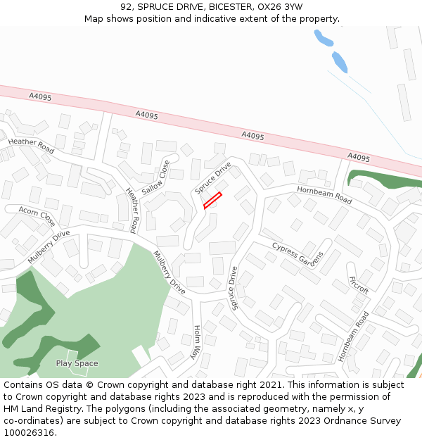 92, SPRUCE DRIVE, BICESTER, OX26 3YW: Location map and indicative extent of plot