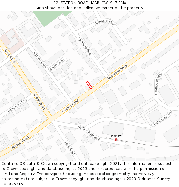 92, STATION ROAD, MARLOW, SL7 1NX: Location map and indicative extent of plot