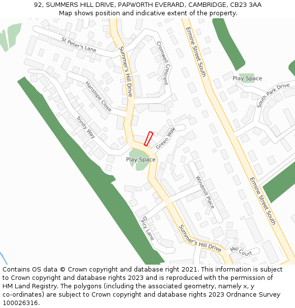 92, SUMMERS HILL DRIVE, PAPWORTH EVERARD, CAMBRIDGE, CB23 3AA: Location map and indicative extent of plot