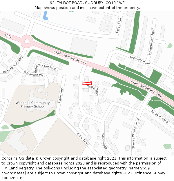92, TALBOT ROAD, SUDBURY, CO10 1WE: Location map and indicative extent of plot