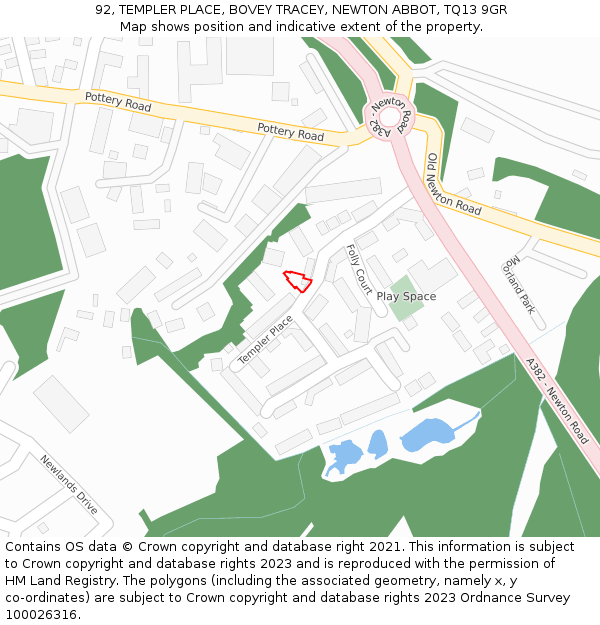 92, TEMPLER PLACE, BOVEY TRACEY, NEWTON ABBOT, TQ13 9GR: Location map and indicative extent of plot