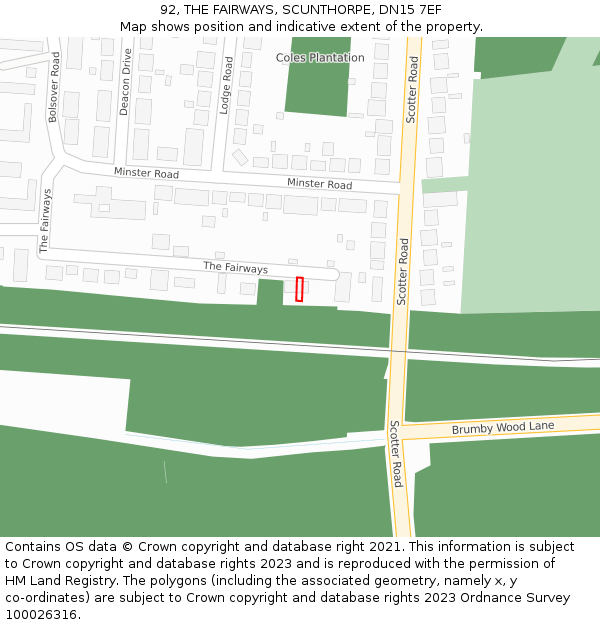 92, THE FAIRWAYS, SCUNTHORPE, DN15 7EF: Location map and indicative extent of plot
