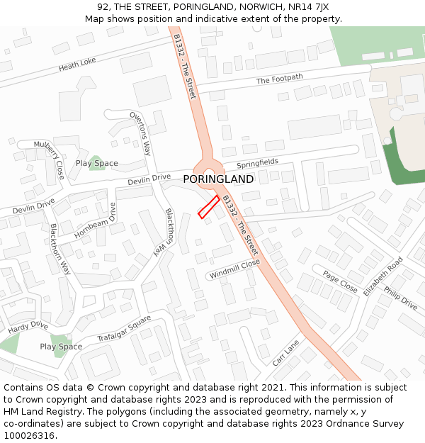 92, THE STREET, PORINGLAND, NORWICH, NR14 7JX: Location map and indicative extent of plot