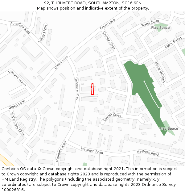 92, THIRLMERE ROAD, SOUTHAMPTON, SO16 9FN: Location map and indicative extent of plot